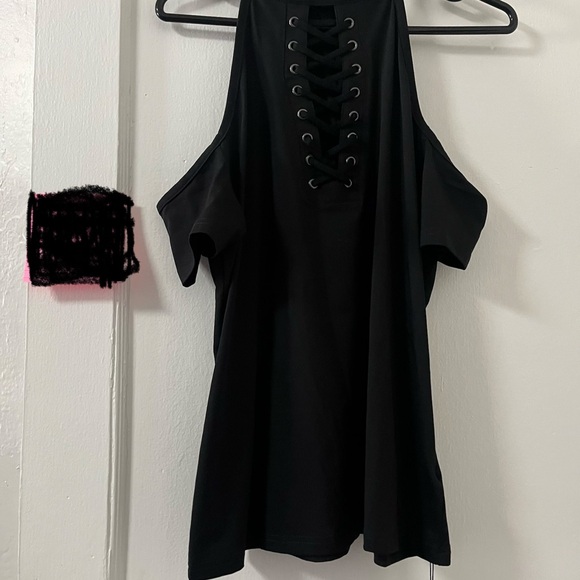Black Cold-Shoulder Lace-Up High Neck Women's Top - Picture 2 of 2